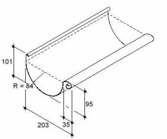 Technische maattekening zinken mastgoot M37 – maatvoering en profiel