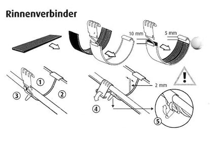 Tekening voor montage dakgootverbinder voor zinken en koperen mastgoten M280, M333 en M400